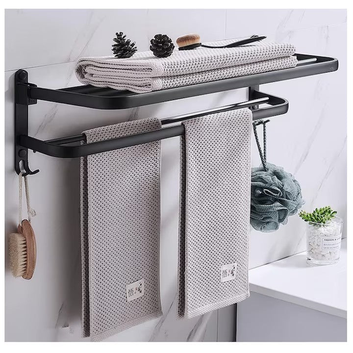 Suport Pliabil pentru Prosoape Baie AT PERFORMANCE®, Oțel Inoxidabil Negru, 60x21x19 cm – Compact, Elegant, Ușor de Montat